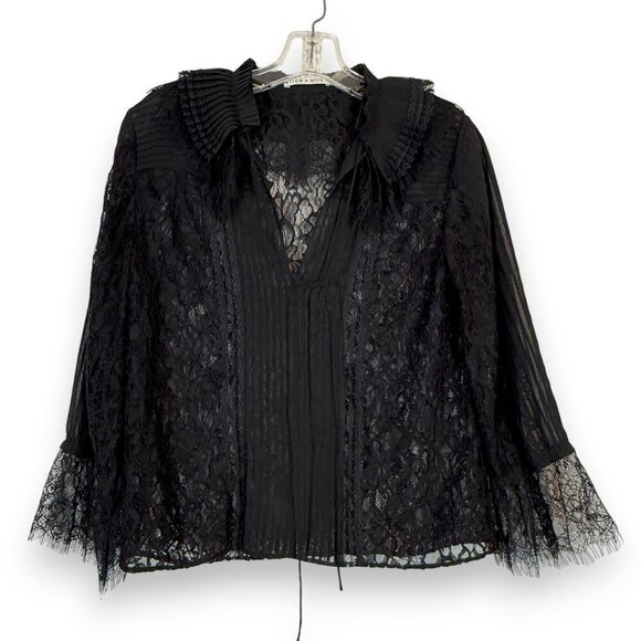 Alice + Olivia Black Blouse Top Lace Sheer Goth Witchy Romantic XS - Picture 3 of 11